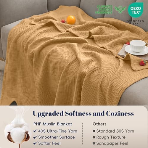 PHF 100% Cotton Muslin Throw XL Blanket Large 50" x 70", 4-Layer Lightweight Gauze Throw, Breathable Cloud-Soft Minimalist Blanket for Bed, Couch, Camping & Baby, Amber, Ideal Gift - Image 4