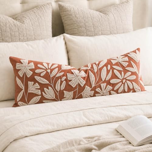 BlissBlush Long Lumbar Pillow Cover 14x36 for Bed, Rust Terracotta Floral Tufted Velvet Accent Oversize Throw Pillowcase for Bedroom, Cover Only by BlissBlush