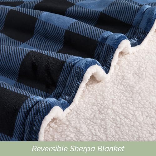 Elegant Comfort Ultra Soft Reversible Buffalo Plaid Flannel Sherpa Blanket - Cozy Silky Checkered Fleece Throw for Couch, Bed - Plush Fuzzy Warm Winter Blanket for Gift, Queen, Blue - Image 5