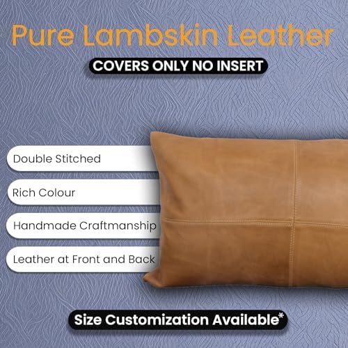 LL LEATHER LOVERS 100% Lambskin Leather Pillow Cover - Sofa Cushion Case - Decorative Throw Covers for Living Room & Bedroom, Tan Plain Pack of 2-12X20 Inch - Image 2