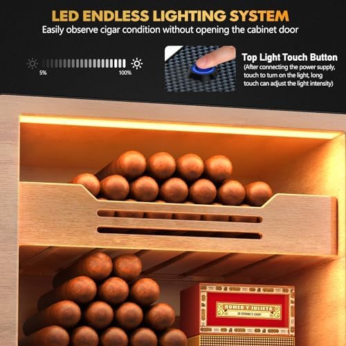 Tesonway Cigar Humidor, Desktop Cigar Humidor Cabinet Light Control System with Spanish Cedar Wood Shelves, Hygrometer, 3 Humidifiers and Cigar Accessories Drawer, for Men (Carbon Fiber) - Image 3