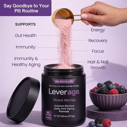 Leverage Mixed Berries Anti–Aging Supplement & Longevity Mix - Daily Wellness Multivitamin Powder with Hyaluronic Acid, L-Glycine & Magnesium for Skin, Energy, Cognitive Function & Joint–30 Servings - Image 5