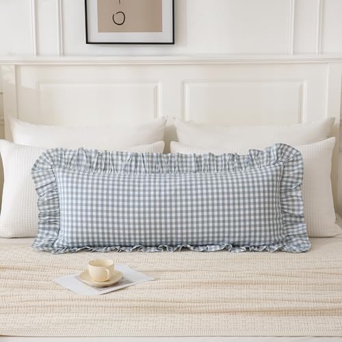 Light Blue/White Ruffled Long Lumbar Gingham Pillow Sham 14x36 inches - Image 2
