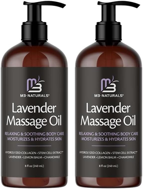Lavender Sensual Massage Oil, Collagen & Stem Cells, 8 fl oz, 2 Pack by M3 by M3Naturals