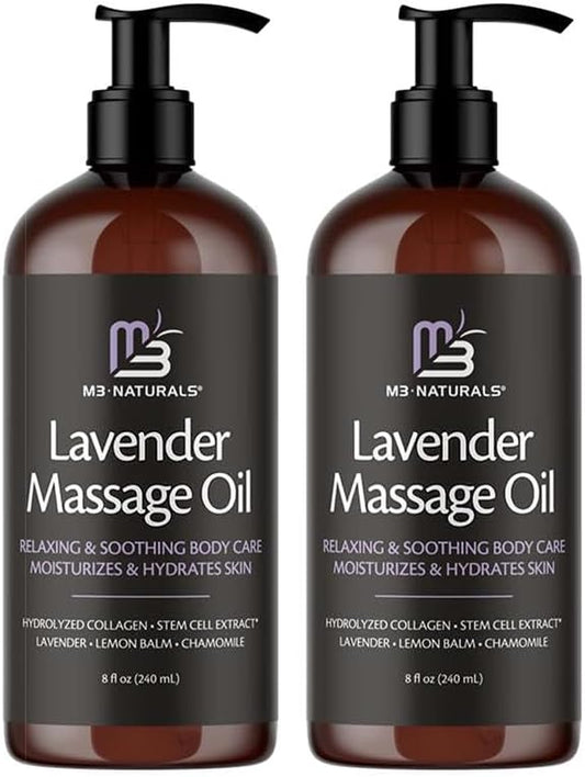 Lavender Sensual Massage Oil, Collagen & Stem Cells, 8 fl oz, 2 Pack by M3 by M3Naturals