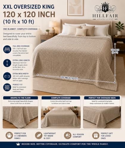 HILLFAIR 100% Cotton Blanket- 120" x 120" XXL Oversized King Bed Blankets - Family Size 10 ft x 10 ft Big - All Season Soft Cozy Breathable Blankets for Bed - Extra Large King Cotton Blanket- Sand - Image 3