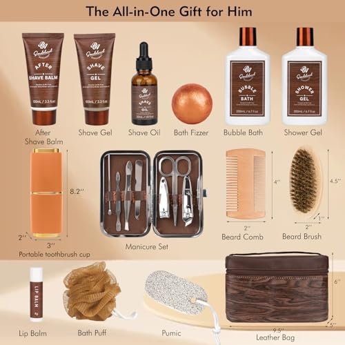 21 Pcs Sandalwood Bath & Body Care Gift Basket Set for Men, Father's Day Gifts for Dad, Men Skin Care Gift Set, Leather Bag, Home Spa Kit, Birthday,Anniversary, Christmas, Boyfriend - Image 2