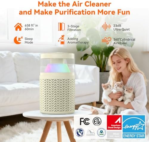 AIRROMI Pet Air Purifier for Home & Bedroom, HEPA Activated Carbon Filter, Removes Pet Dander & Odor, Allergies, Smoke, Hair, Night Light, Fragrance Sponge, Up to 658 ft², A2002 yellow - Image 2