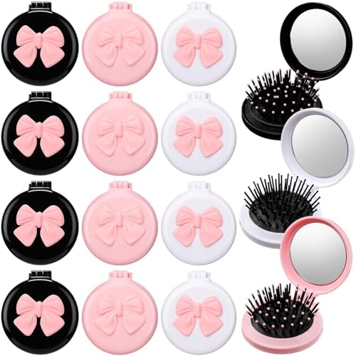 12 Pcs Multicolored Coquette Bow Mini Hair Brushes Folding Mirror Coquette Detangler Brush Bulk Round Compact Massage Scalp Comb for Purse Women Travel Team Gifts Trendy Stuff Party Favors by Yiyiring