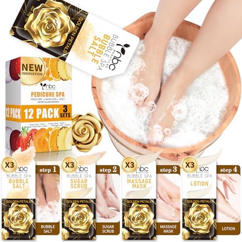 Pedicure Kit Foot Soak Set: Bubble Salt, Sugar Scrub, Massage Mask, Massage Lotion in a Box, 4 Step Foot Spa Kit for Dry Feet,Tired Feet（3 Set Golden petals) by nbcBeautiLab
