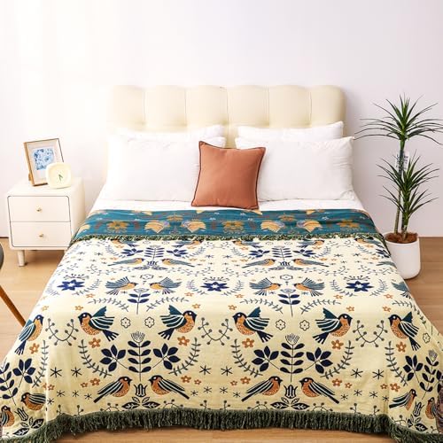 VANJOROY Boho Throw Blanket, 100% Organic Cotton Breathable Ultra Soft 91" x 108" King Bed Quilt Throw - Floral Rustic Bird Farmhouse Decor Luxury Blanket for Sofa Couch Chair and Gift,Teal/Beige - Image 4