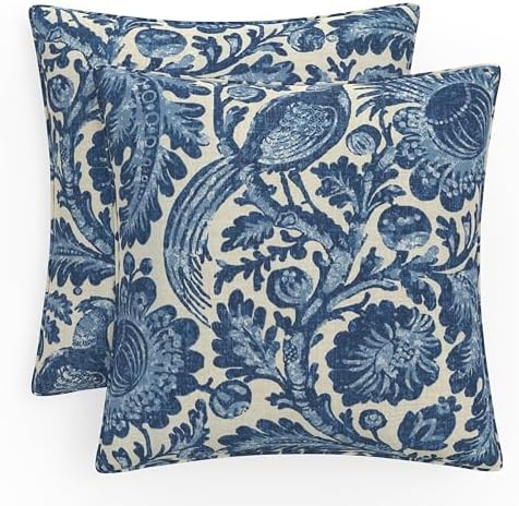 Pillow Perfect Floral Indoor/Outdoor Accent Throw Pillow, Plush Fill, Weather, and Fade Resistant, Throw - 16.5" x 16.5", Red/Tan Fairhaven, Tucker Resist Indigo, 2 Count by PillowPerfect