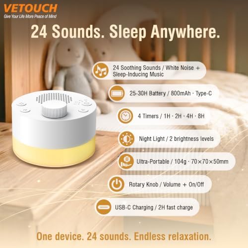 Portable White Noise Machine with 24 Soothing Sounds, Night Light 2 Brightness Levels, Timer 1-8H, Rechargeable Battery 25-30H, Type-C Charging for Baby Sleep, Travel, Office, Relaxation - Image 2