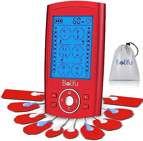 Belifu Dual Channel TENS EMS Unit 24 Modes Muscle Stimulator for Pain Relief Therapy, Electronic Pulse Massager Muscle Massager with 10 Pads, Dust-Proof Drawstring Storage Bag, Fastening Cable Ties by Belifu