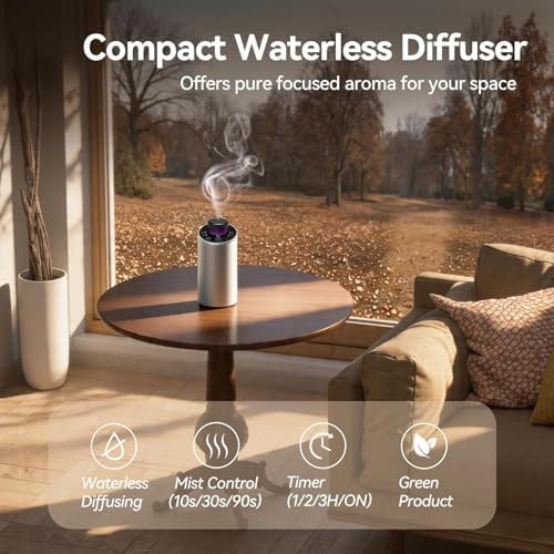 Waterless Essential Oil Diffuser Aromatherapy Scent Diffusers for Home Large Room, Bedroom, Car, Office, Desk, Battery Operated Mini Portable Air Freshener, 3 Countdown Timers & 3 Mist Levels, Silver - Image 2