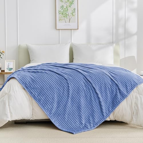 Bnuitland Fleece Throw Blanket for Couch, 300GSM Soft Warm Cozy Fluffy Throw for Adults & Kids, Stripe Pattern, All Season Sofa Bed Blanket for Home Decor, Sky Blue 50"x60" - Image 3