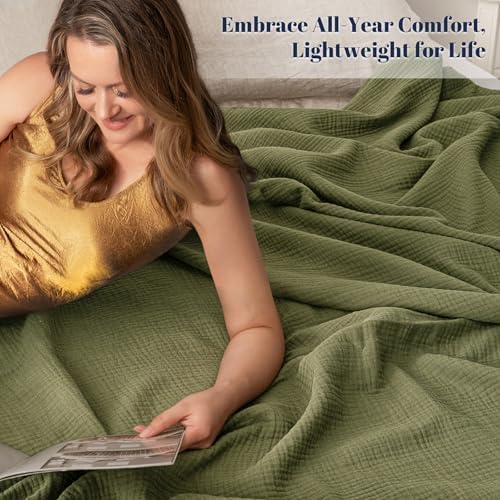 PHF 100% Cotton Muslin Blanket Twin XL Size 66"x90", 4-Layer Lightweight Gauze Throw, Breathable Cloud-Soft Minimalist Blanket for Bed, Couch, Camping & Baby, Olive Green, Ideal Gift - Image 2