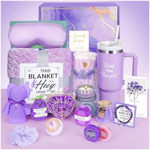 Birthday Gift for Women, Self Care Get Well Soon Gifts, Lavender Relaxing Spa Basket Care Package w/ Flannel Blanket 40 oz Tumbler, Unique Teacher Mother's Day Gifts for Mom Her Friend Sister Wife by HAPFRJIN