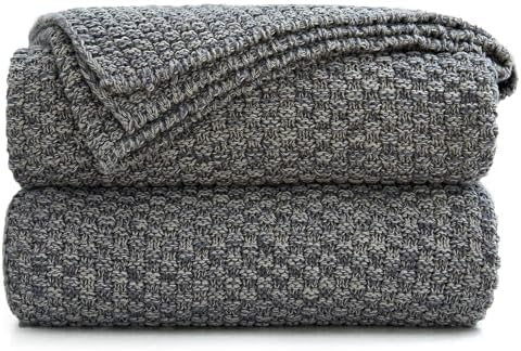 Longhui bedding 100% Cotton Knitted Throw Blanket – Dark Grey, Soft & Cozy, Machine Washable, 51"x63" – Perfect for Living Room, Couch, Sofa, Bed or Travel by LongHuiBedding