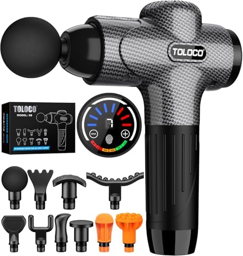 TOLOCO Massage Gun, Back Massager 10 Replacement Head for Pain Relief Deep Tissue, Percussion Massage Guns 7 Speed Level Super Quiet Electric Massager Fathers Day Dad Gifts, Carbon by TOLOCO
