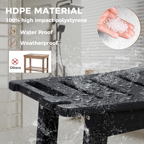 FLyjoe 24 INCH Extra Large Shower Bench for Inside Shower Shaving Legs, Waterproof HDPE Shower Chair Seat with Storage Shelf and Handles Spa Shower Stool for Bath Tub Bathroom Use, Black - Image 2