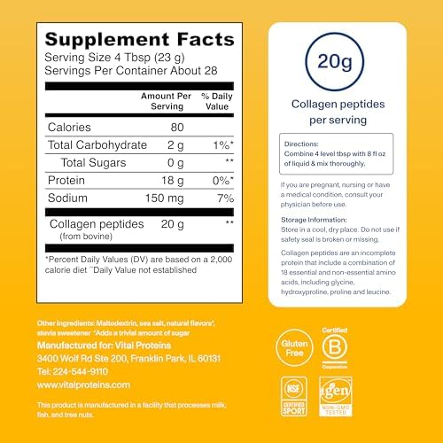 Vital Proteins Collagen Peptides Powder - Grass Fed Collagen Peptides for Hair, Nail, Skin, Bone & Joint Health, Vanilla, 23.2 Ounces (Pack of 2) - Image 6