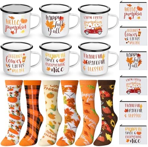 18 Pcs Fall Gifts Set Happy Fall Y'all Pumpkin Enamel Mugs Makeup Bags Autumn Leaves Pumpkin Socks Bulk 2026 Gifts Thanksgiving Harvest Party Gift for Adult Women Coworkers Teacher by Singhoow