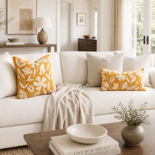 BlissBlush Throw Pillow Cover 20x20 Inch, Mustard Floral Tufted Velvet Decorative Accent Pillow Case for Sofa Bed Living Room, Cover Only - Image 3