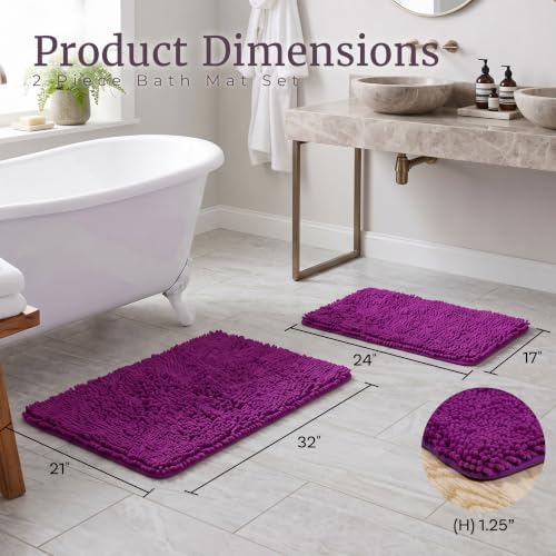 Home Bedford 2 Piece Memory Foam Shag Bath Mat Set - Absorbs Moisture, Dries Quickly, Non Slip Bathroom Rug, Water Absorbent Carpet, Machine Washable - Purple - Image 2