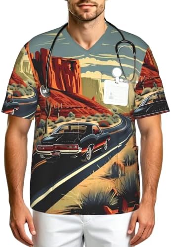 Men's Scrub Top,V-Neck Spill Wrinkle Resistant,3 Pockets-Route 66 Retro (5) by Unknown