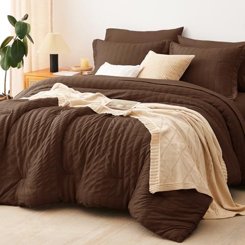 CozyLux Oversized King Comforter Set 120x98 in, 7-Piece Brown Seersucker by CozyLux