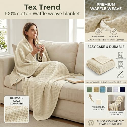 Tex Trend 100% Cotton Waffle Weave Blanket Twin Size - Soft, Breathable Cooling Blanket for Bed, Lightweight Cozy Summer & Spring Bedding, Ivory, 60x90 - Image 2