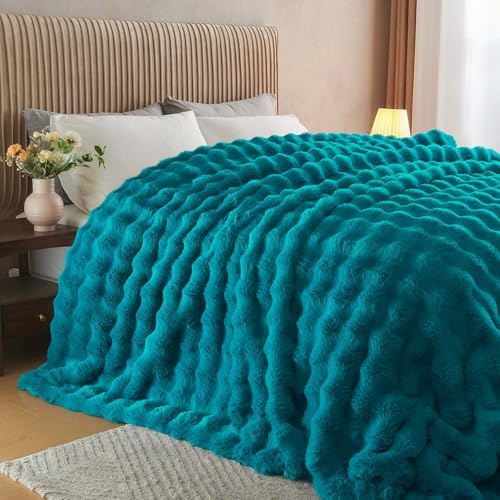 Lotus Karen Faux Fur Throw Blanket Teal - Big Bubble Rabbit Fluff Blanket for Couch Bed Sofa,Softest Fluffy Fuzzy Cozy Blanket,Thick Furry Plush Shaggy Warm Blankets for Women,108x90 Inches - Image 3