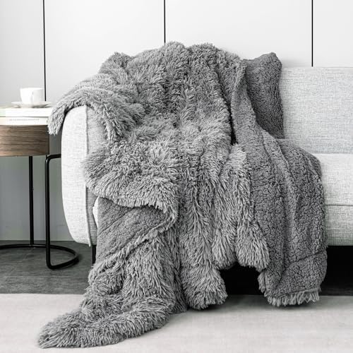 Pawque Faux Fur Sherpa Fleece Throw Blankets for Couch, Grey, 50x60 inches by Pawque