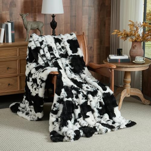 Lotus Karen Faux Fur Throw Blanket Cow Print-Black, Fluffy Fuzzy Plush Bubble Blanket for Couch, 60x50 Inches Cozy Shaggy Rabbit Blanket, Luxury Decorative Gifts for Sofa Bedroom Living Room. - Image 4