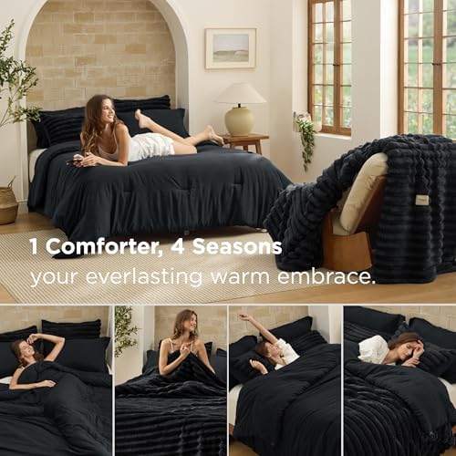 Bedsure Gentlesoft™ 2-in-1 King Size Comforter Set and Detachable Fluffy Blanket, Black Bedding Set for All Season Use, Detachable Design for Space Saving (Includes 2 Pillow Shams, 2 Pillowcases) - Image 2