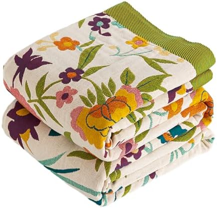 VANJOROY Boho Throw Blanket, 100% Organic Cotton Breathable Ultra Soft 91" x 98" Bed Quilt Throw - All Season Floral Rustic Farmhouse Decor Luxury Reversible Blanket for Sofa Couch Chair and Gift by CHOOSEVANJOROYENJOYAMORECOMFORTABLEFEELING