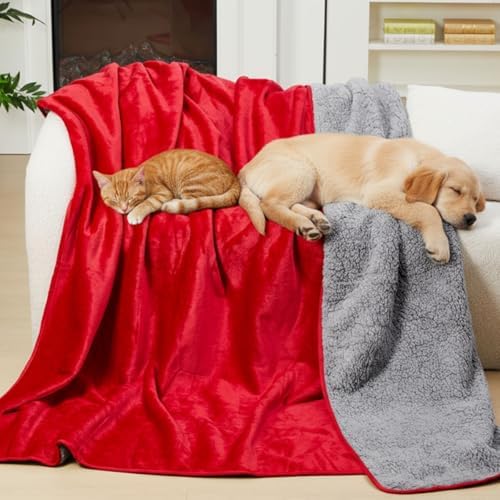 Tisancy King Size Waterproof Blanket for Bed Couch, 82'' x 82'' Double Side Leakproof Reversible Sherpa Flannel Fleece 3-Layer Lightweight Blanket, Absorbs 80oz(Red/Gray), Machine Washable - Image 4