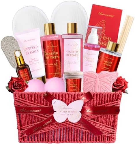 17Pcs Bath and Body Gifts for Women, Rose Relaxing Spa Gift Basket for Her by Ariosemonde