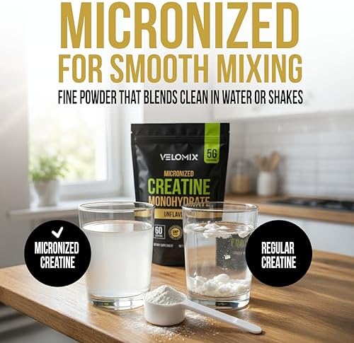 VELOMIX Micronized Creatine Monohydrate Powder - 100% Pure Creatine Powder Unflavored and Easy to Mix | Supports Muscle Growth, Recovery, and Strength | 5000mg Per Serv (5g) - 60 Servings - Image 2