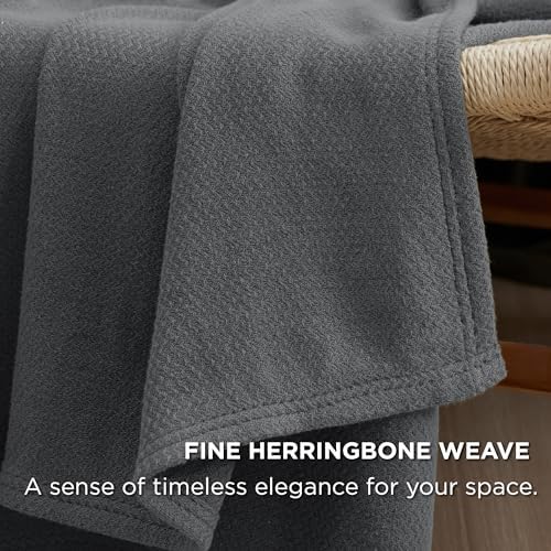 Bedsure 100% Cotton Blanket, Herringbone Weave, King, Dark Grey - Image 3