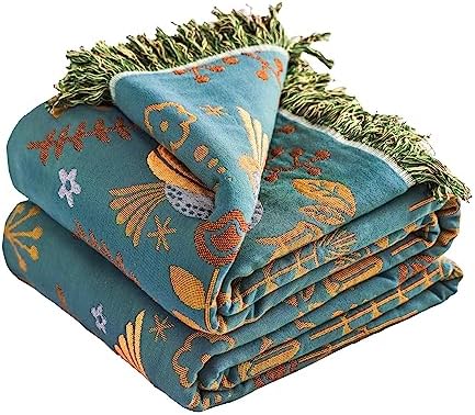 VANJOROY Boho Large Throw Blanket for Bed, 100% Muslin Cotton Soft Breathable Throw-Floral Bird Rustic Decor Blanket for Couch Sofa Quilt and Gift, 60" x 80"-Teal/Beige by CHOOSEVANJOROYENJOYAMORECOMFORTABLEFEELING
