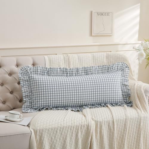 Light Blue/White Ruffled Long Lumbar Gingham Pillow Sham 14x36 inches - Image 5