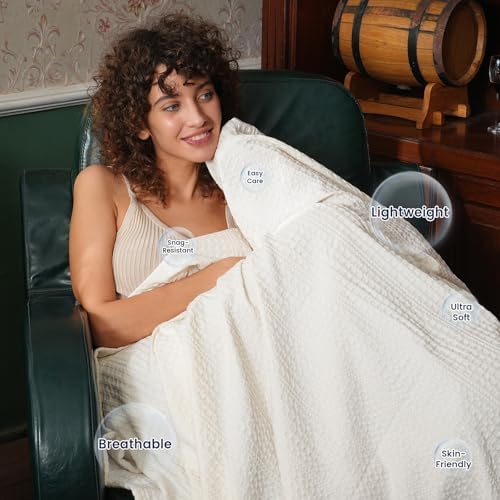 PHF Lightweight Waffle Weave Throw Blanket 50"x 60", Soft Woven Summer Blanket for Hot Sleepers - Aesthetic Home Decor for Couch Bed Sofa, Pet Friendly, Cream - Image 2