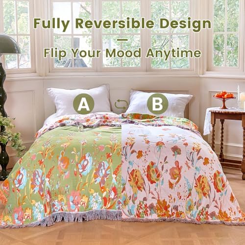 MSGKV Boho Throw Blanket 90"x108" 100% Cotton Flower Butterfly Blanket King - Image 4