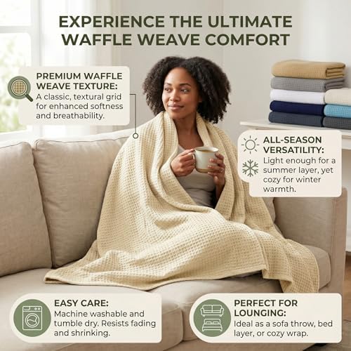 Tex Trend 100% Cotton Waffle Weave Blanket Twin Size - Soft, Breathable Cooling Blanket for Bed, Lightweight Cozy Summer & Spring Bedding, Ivory, 60x90 - Image 4