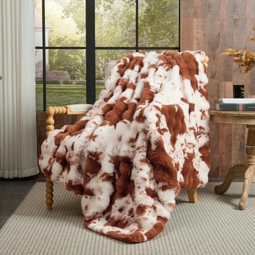 Lotus Karen Faux Fur Throw Blanket Cow Print-Light Brown, Fluffy Fuzzy Plush Bubble Blanket for Couch, 108x90 Inches Cozy Shaggy Rabbit Blanket, Luxury Decorative Gifts for Sofa Bedroom Living Room. by LotusKaren