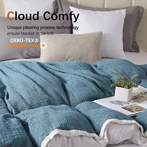 SE SOFTEXLY Muslin Throw Blanket, 4-Layer Dyed Yarn, 90”x102”, Denim Blue - Image 3
