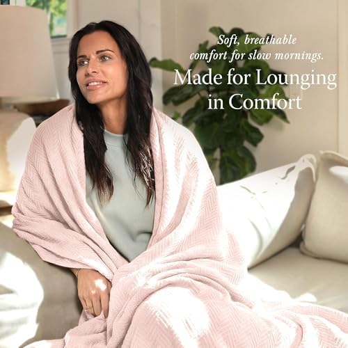 Threadmill Luxury 100% Cotton King Herringbone Blanket, English Rose - Image 3