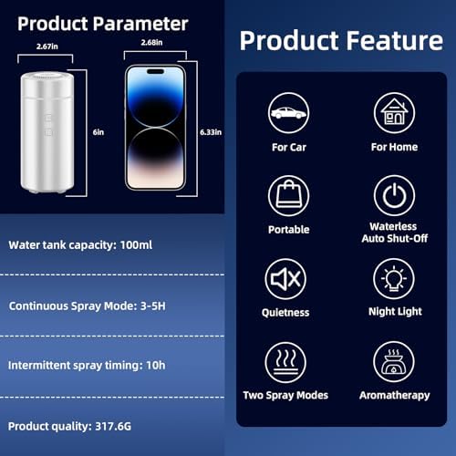 SEEDSEEL 100ML Car Essential Oil Diffuser, Rechargeable Battery Powered, Cordless Portable Aromatherapy Diffuser with 7 LED Color Lights 2 Timer Modes for Car Room Home Office (Silver) - Image 4